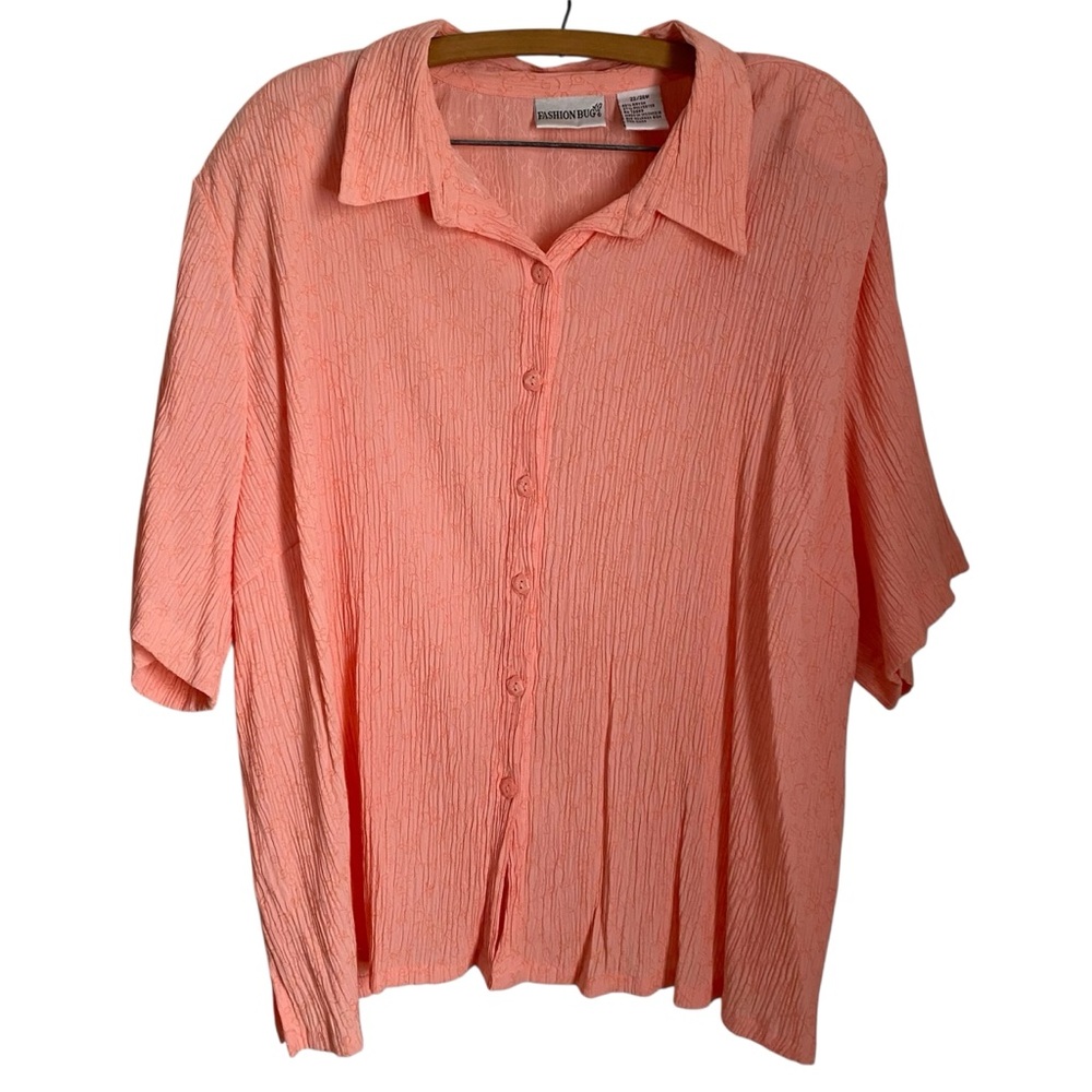 Fashion Bug Peach Crinkle Textured Floral Short Sleeve Button Up Blouse 22/24W